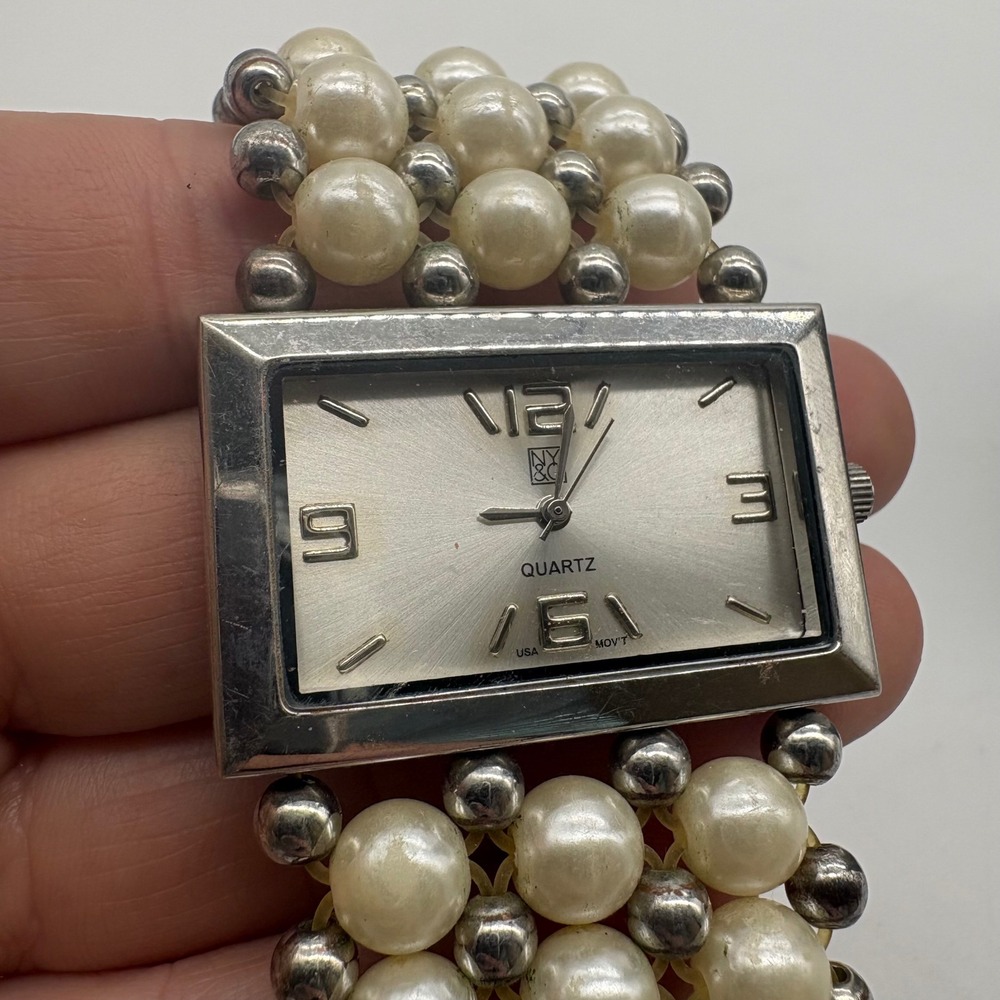 New York & Company Ladies Quartz Watch Silver Face Faux Pearl Band Needs Battery